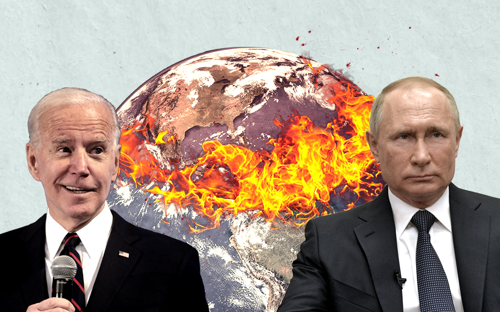 Joe Biden and Putin in front of an earth on fire